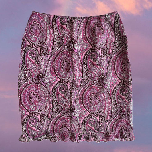 Vintage 90's Hippie Pink Paisley Midi Mesh Skirt (36 EU / UK 8 / US 4)