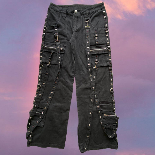 Vintage 90's Mall Goth Black Low Waist Cargo Pants with Chains (36 EU / UK 8 / US 4)