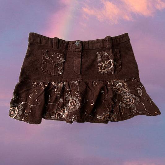 Vintage Y2K Fairy Brown Pleated Mini Skirt with Embroidery Details (34 EU - 6 UK)