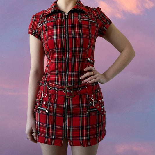 Vintage 90's Goth Plaid Mini Dress with Lace-Up Back (36 EU/UK 8)