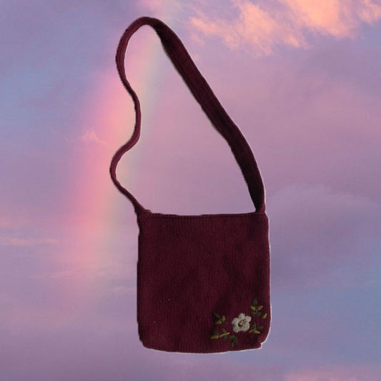 Vintage 90's Fairy Bordeaux Knit Crossbody Bag with Flower Embroidery