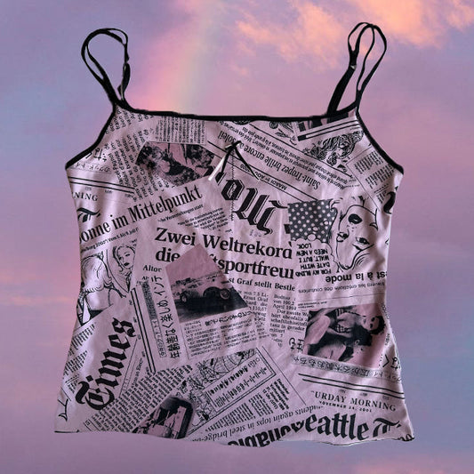 Vintage Y2K Funky Pink Newspaper Print Cami Top (L/XL)