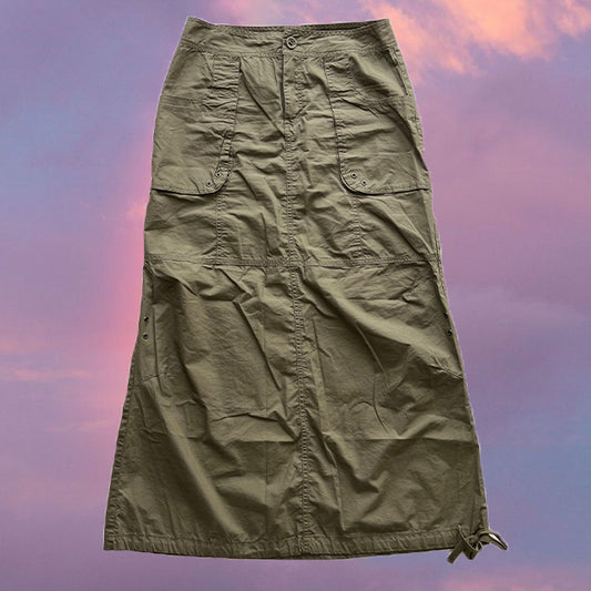 Vintage 90's Techwear Khaki Maxi Cargo Skirt (36 EU / UK 8 / US 4)