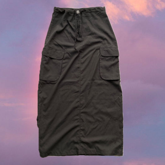 Vintage 90's Techwear Grey Nylon Cargo Maxi Skirt with Waist Toggle (36 EU - 8 UK - 4 US)