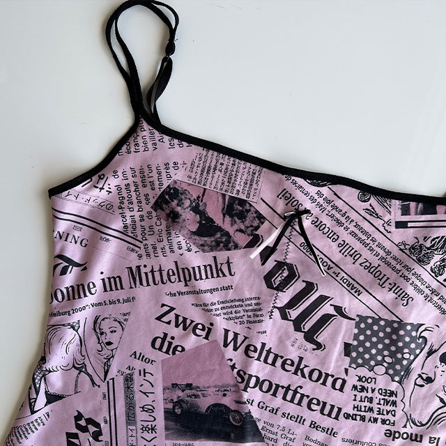 Vintage Y2K Funky Pink Newspaper Print Cami Top (L/XL)