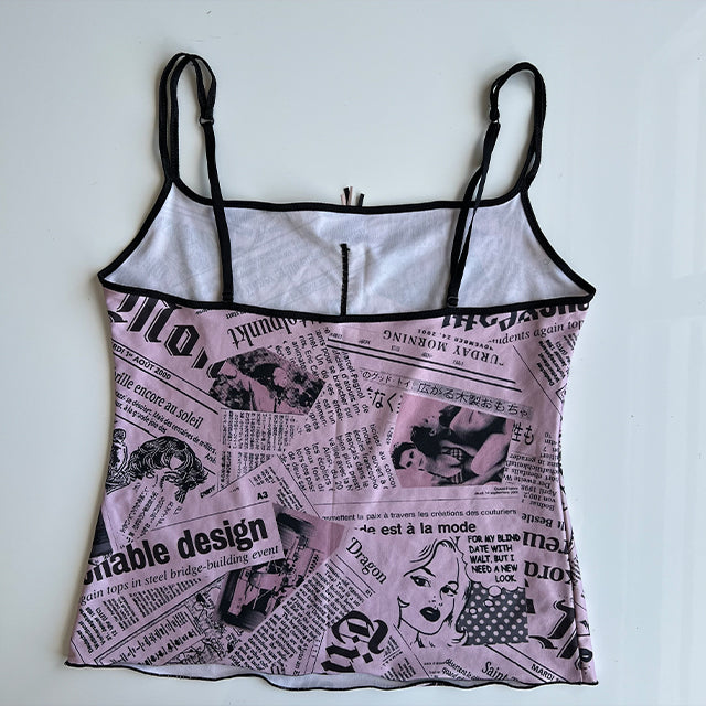 Vintage Y2K Funky Pink Newspaper Print Cami Top (L/XL)