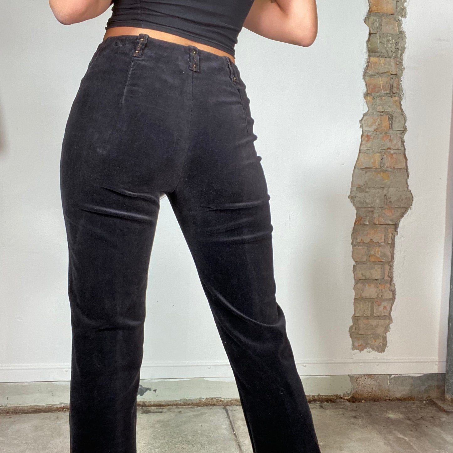 Vintage 2000's Grunge Balck Velvet Pants with Brown Front Seam and Waist Zippers (S)