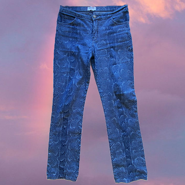 Vintage 90's Low Waist Funky Snakeskin Print Blue Jeans (36/38 EU - 8/10 UK)