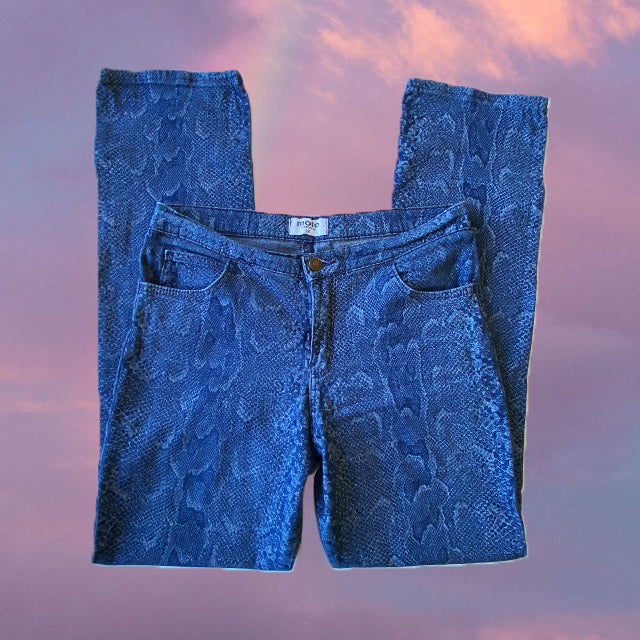 Vintage 90's Low Waist Funky Snakeskin Print Blue Jeans (36/38 EU - 8/10 UK)