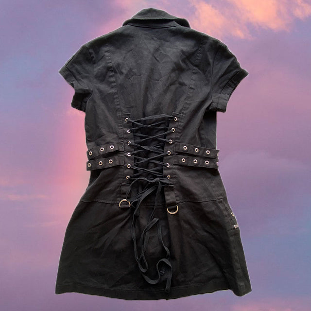 Vintage 90's Cyber Goth Black Mini Dress with Lace-Up Back (34 EU/UK 6 - 36 EU/UK 8)