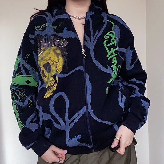 Vintage Y2K Cyber Grey Ed Hardy Hoodie (XS/S/M Oversized Fit)