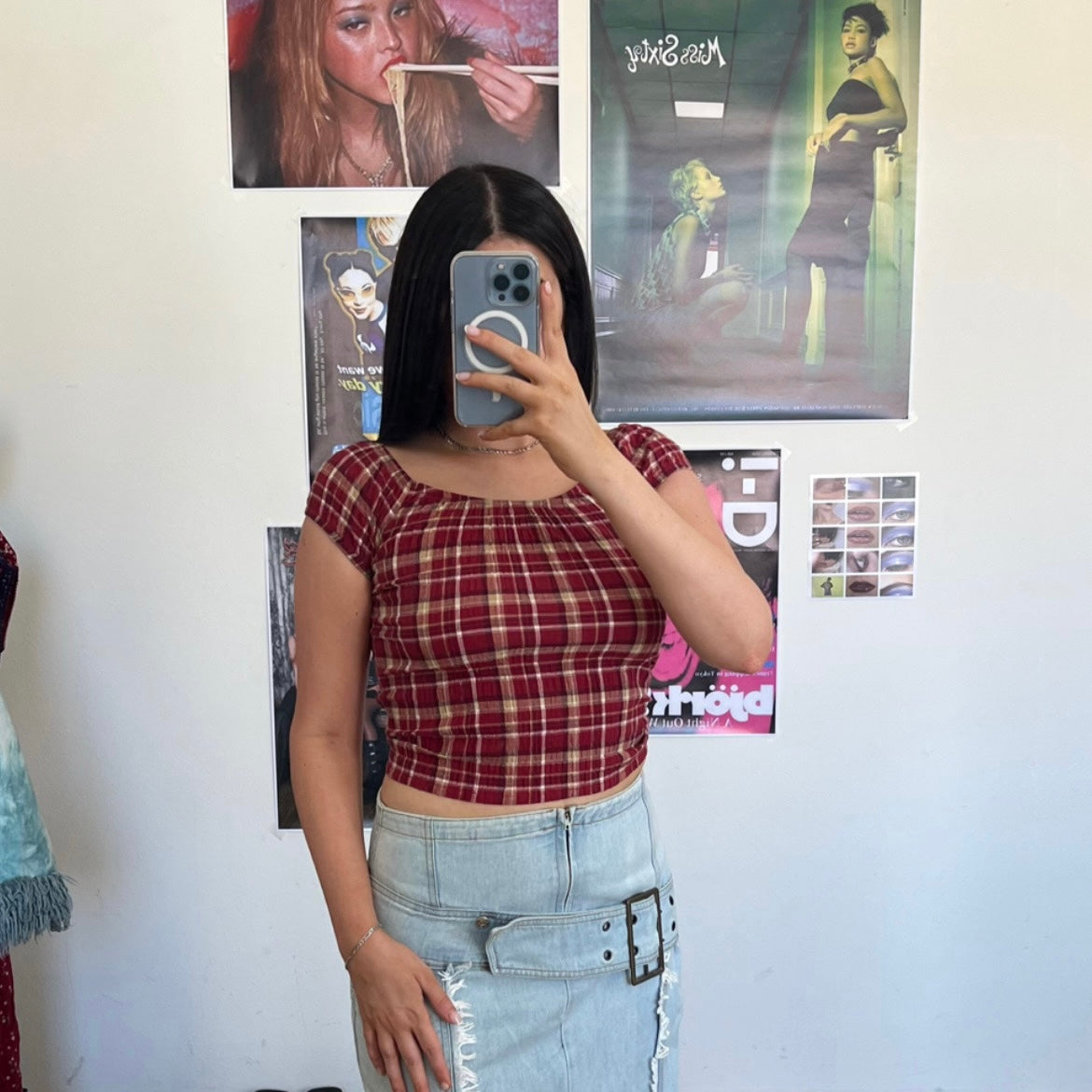 Vintage 90's Red Plaid Ruched Milkmaid Top (S)