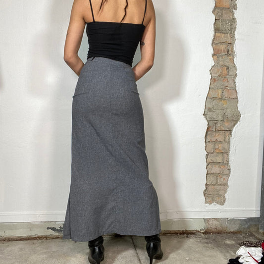 Vintage 90's Classic Grey Maxi Skirt with Side Slit (XS/S)