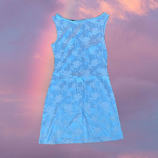 Vintage 90's Buffy Style Romantic Baby Blue Satin Dress with White Embroidered Flowers (M)