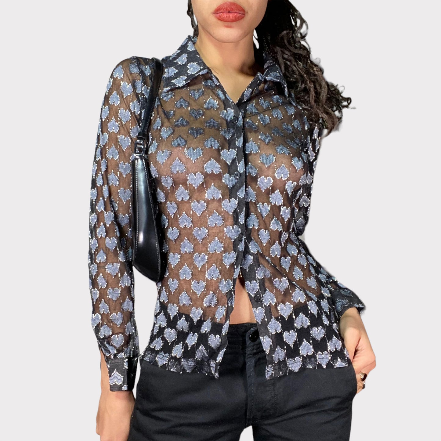 Vintage 90's Funky Black Heart Mesh Button Up Blouse (S/M)