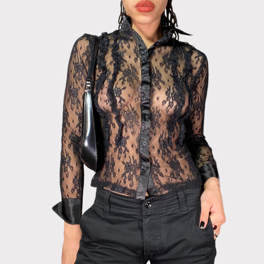 Vintage 2000's Grunge Black Lace Button Up Blouse (S)