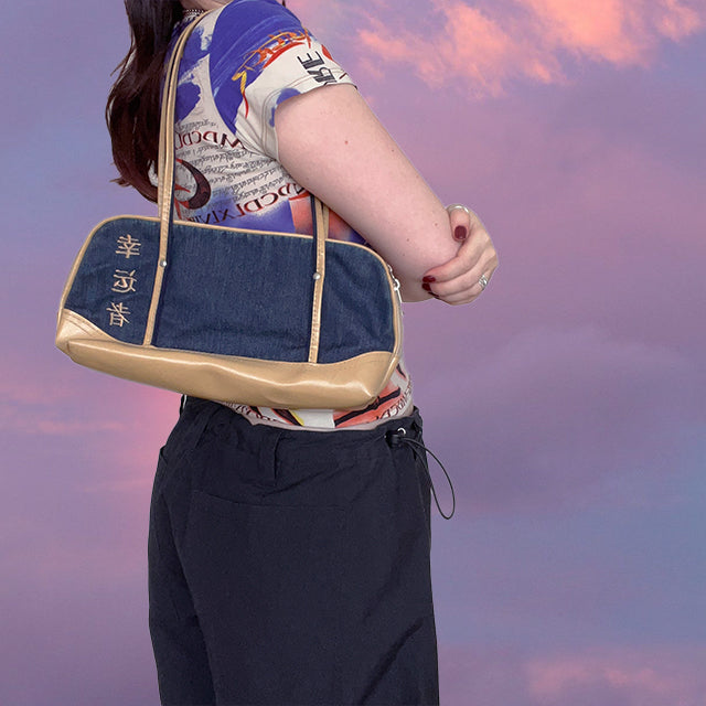 Vintage 90's Denim Bowling Bag with Chinese Letter Embroidery