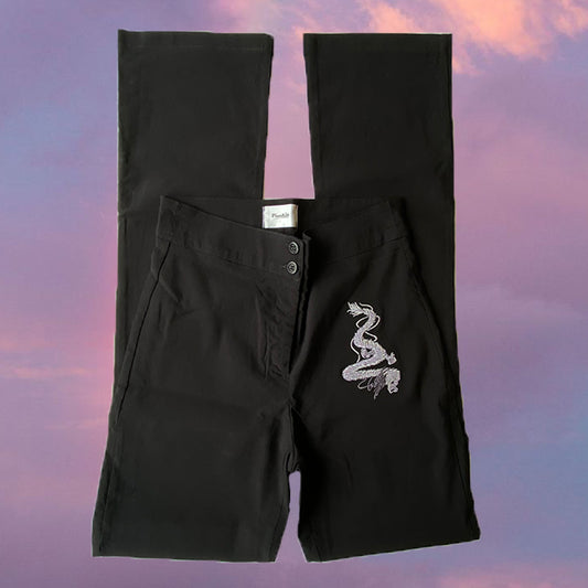 Vintage 90's Black Flare Pants with Dragon Embroidery (36 EU)