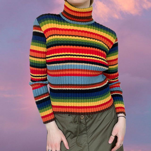 Vintage 90's Miss Sixty Rainbow Striped Rollneck Sweater (S)