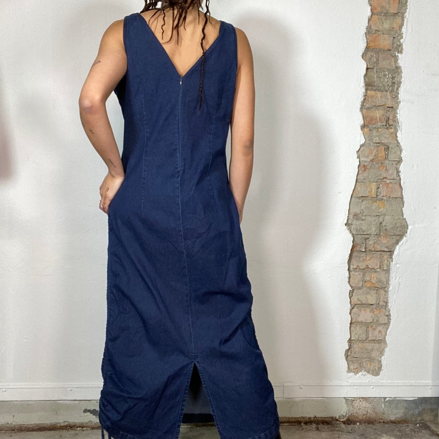 Vintage 90's Country Denim Maxi Dress with Pockets and Ruffle Side Details (M/L)