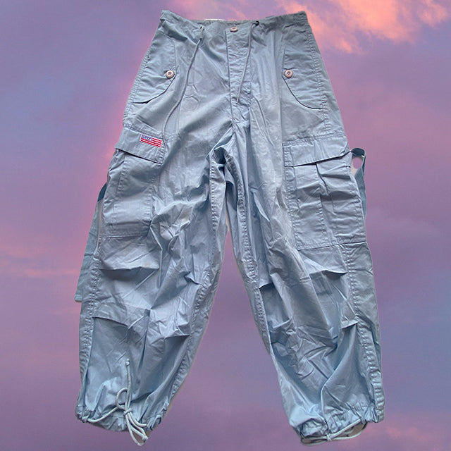 Vintage 90's Archive UFO Baby Blue Parachute Baggy Cargo Pants (XS-S-M)