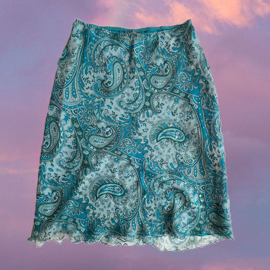 Vintage 90's Hippie Blue Paisley Midi Mesh Skirt (38 EU / UK 10 / US 6)