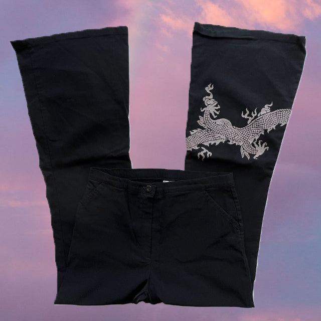 Vintage 90's Funky Black Flare Pants with Dragon Detail (38 EU / UK 10 / US 6)