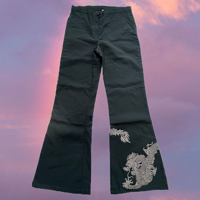 Vintage 90's Funky Black Flare Pants with Dragon Detail (38 EU / UK 10 / US 6)