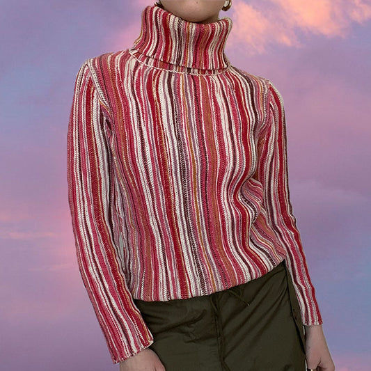 Vintage 90's Red and White Striped Turtleneck Sweater (XS/S)