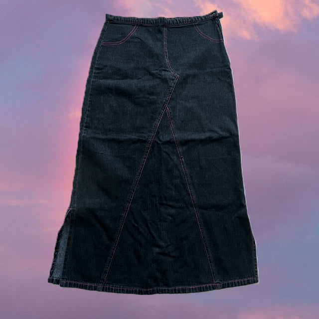 Vintage 90's Mall Goth Denim Maxi Skirt with Pink Constrast Stitching (36 EU - 8 UK - 4 US)