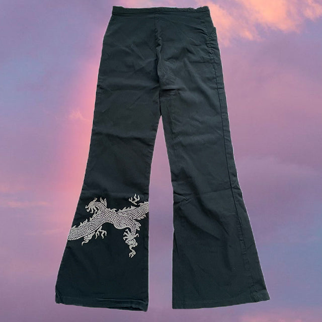 Vintage 90's Funky Black Flare Pants with Dragon Detail (38 EU / UK 10 / US 6)