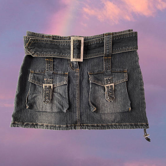 Vintage Y2K Denim Miniskirt with Buckle Belt (S/M)