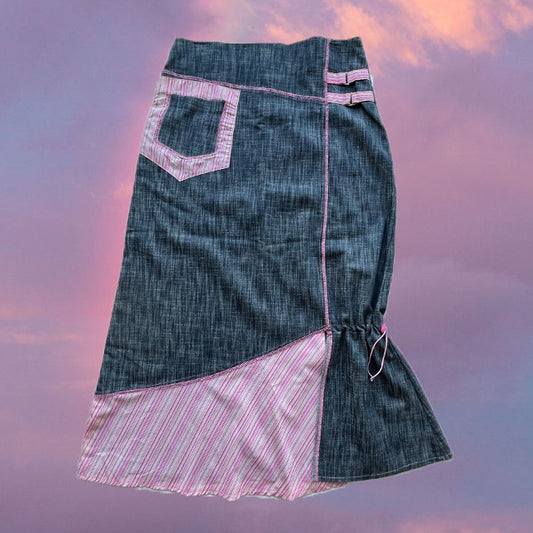 Vintage Y2K UNIF Style Denim Maxi Skirt with Pink Patchwork Details (38 EU / UK 10 / US 6)