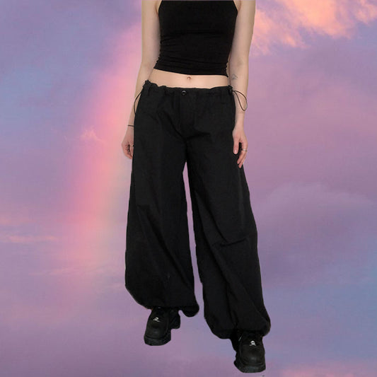 Vintage 90's Rave Black Extra Baggy Pants with Waist Toggles (XS-S-M)