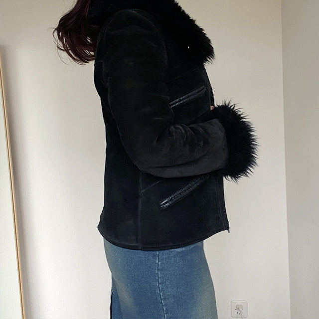 Vintage 90's Black Leather & Fur Afghan Coat (XS/S)