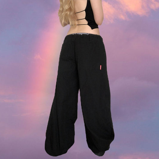 Vintage 90's Rave Black Extra Baggy Pants with Waist Toggles (XS-S-M)