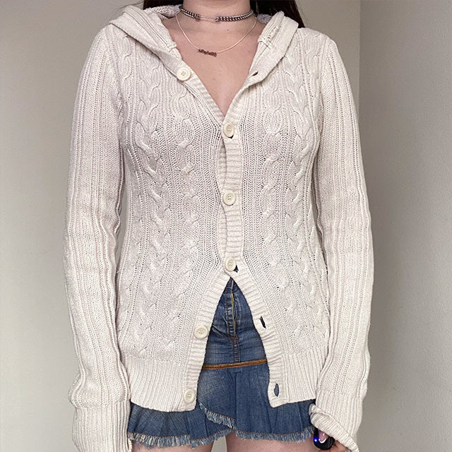 Vintage 90's White Knit Cardigan with Hoodie (M)
