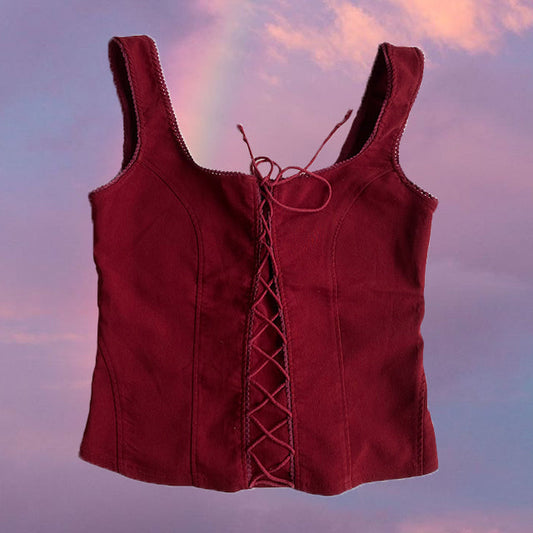 Vintage 90's Rockstar Bordeaux Lace Up Corset Top (M)