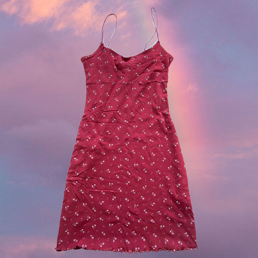 Vintage 90's Romantic Red Floral Mesh Cami Dress (M)