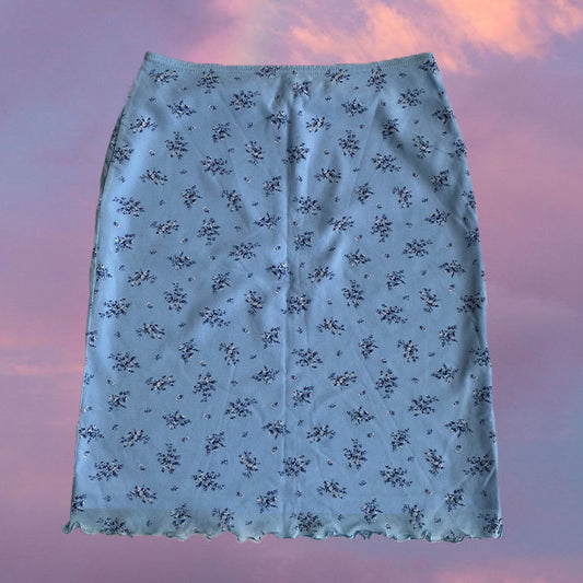 Vintage 90's Romantic Baby Blue Floral Midi Mesh Skirt (38 EU / UK 10 / US 6)