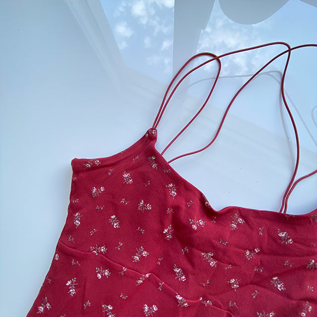 Vintage 90's Romantic Red Floral Mesh Cami Dress (M)