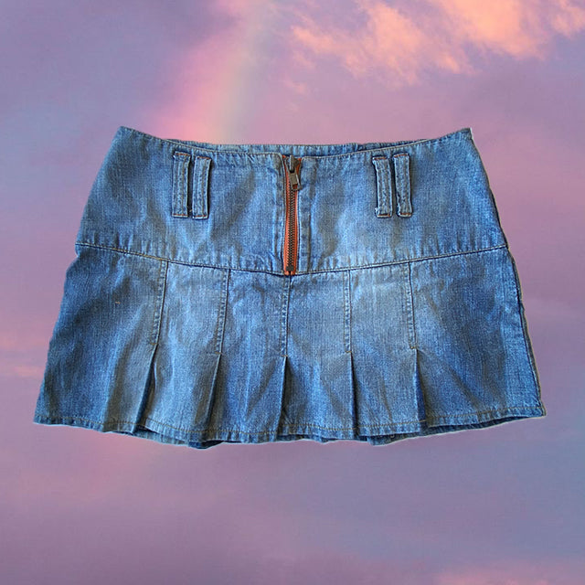 Vintage Y2K Pleated Denim Miniskirt with Zip Detail (M - 38 EU)