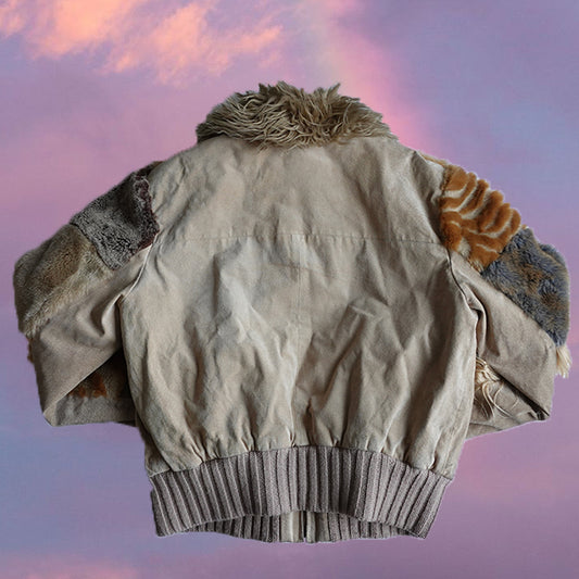 Vintage Y2K Beige Patchwork Leather and Fur Jacket (S)