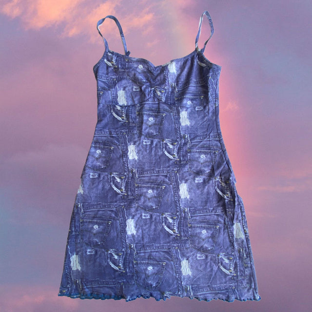 Vintage Y2K Funky Jeans Print Mesh Mini Dress (S/M)