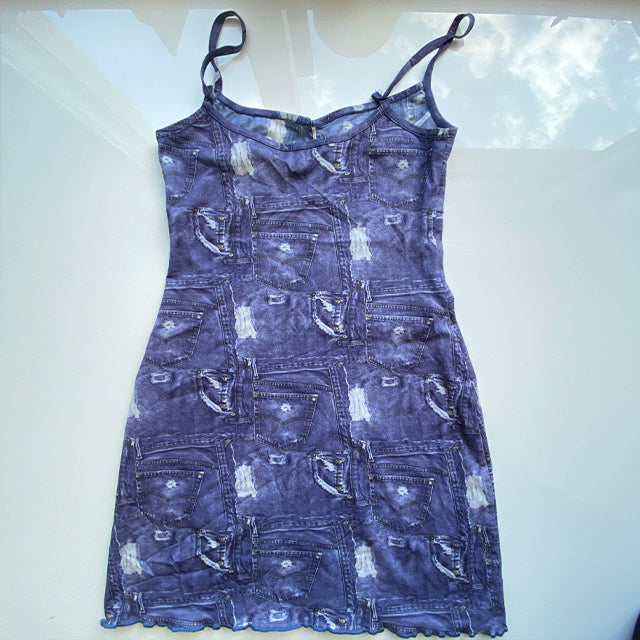 Vintage Y2K Funky Jeans Print Mesh Mini Dress (S/M)