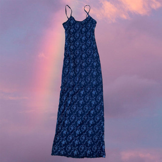Vintage 90’s Witchy Black Mesh Maxidress with White Floral Pattern (XS/S)