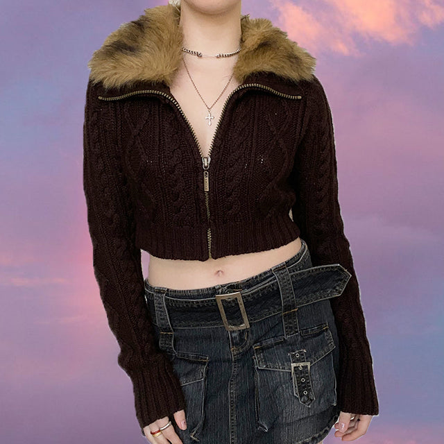 Vintage Y2K Cropped Brown Knit Zip Up Cardigan with Furry Collar (XS/S - Vegan)