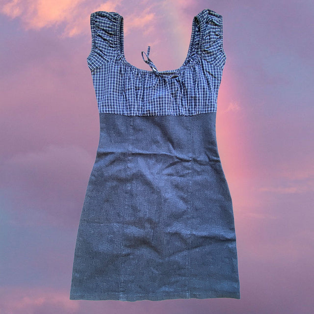 Vintage 90's Romantic Denim and Plaid Milkmaid Dress (36 EU / UK 8 / US 4)