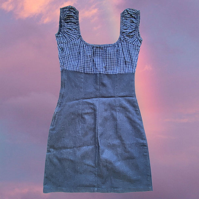 Vintage 90's Romantic Denim and Plaid Milkmaid Dress (38 EU / UK 10 / US 6)