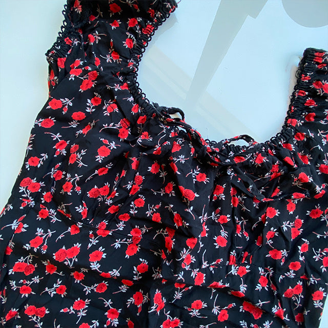 Vintage 90's Romantic Black Floral Milkmaid Dress (38 EU / UK 10 / US 6)